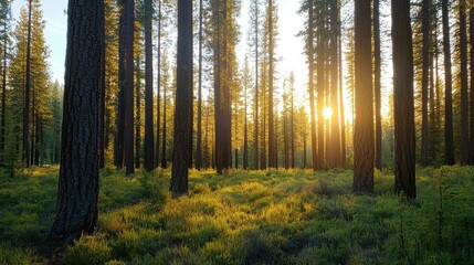 Obraz premium Serene Forest Scene with Sunlight and Lush Greenery at Dusk