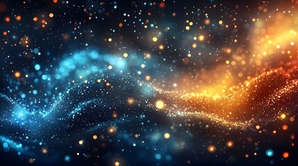 Fototapeta premium Abstract Light Particles in Blue Orange Flowing Waves Background