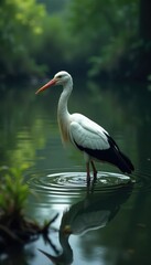 Fototapeta premium Swamp water surface with a stork wading through murky depths, mire, weather