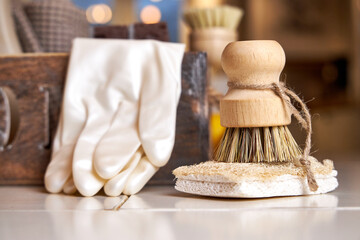 Eco-style cleaning, wooden brushes with natural bristles and loofah sponges for washing dishes