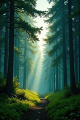 Fototapeta premium Tall trees and coniferous branches stretching across a serene landscape, forests, serenity