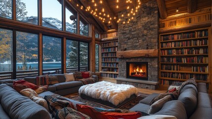 Fototapeta premium Cozy mountain cabin living room, fireplace, lake view