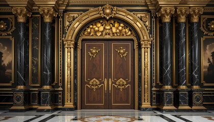 Fototapeta premium Grand Gold and Black Marble Entryway with Double Doors