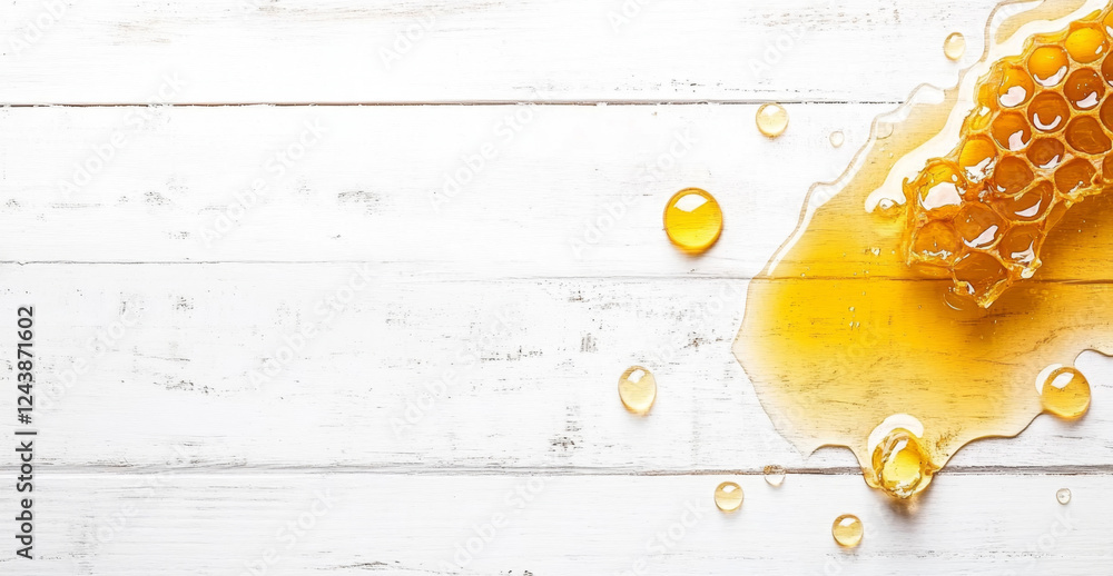 Leinwandbilder honey drizzles and splashes on a rustic white wooden surface, showcasing its rich golden color. the 