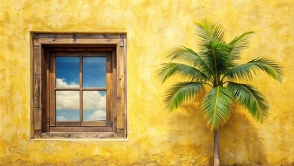 Tropical Paradise Yellow Wall, Wooden Window, and Palm Tree Reflecting Serene Sky