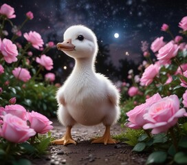 White duckling exploring a garden of pink roses under the stars, outdoor beauty, moonlit landscape, majestic wildlife