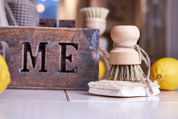 Eco-style cleaning, wooden brushes with natural bristles and loofah sponges for washing dishes