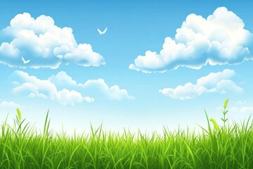 Fototapeta premium Bright Blue Sky with White Clouds over Lush Green Grass Field on a Sunny Day