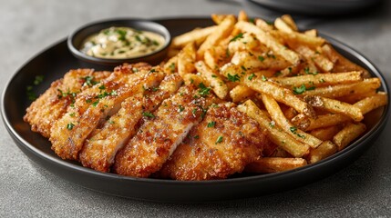 Fototapeta premium Crispy Chicken Cutlets & French Fries on Dark Plate, Mustard Aioli Dip