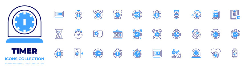 Timer icon collection. Bold line style. Duotone colors. chronometer, alarm, process, kitchen, minutes, stopwatch, clock, wristwatch, hourglass, digitalalarmclock