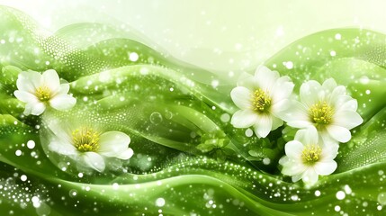 Delicate White Flowers on Green Wavy Background