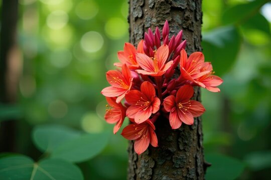 clusters of jambo flowers surround a central stem on a tree trunk, botanical, blossoms