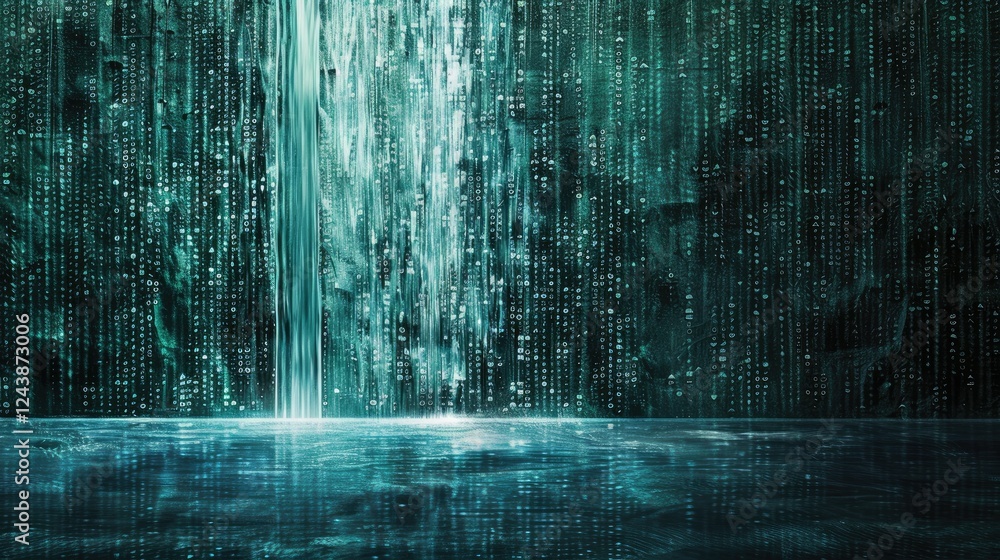 Poster binary code waterfall cascading into a digital abyss