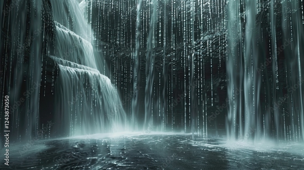Poster binary code waterfall cascading into a digital abyss