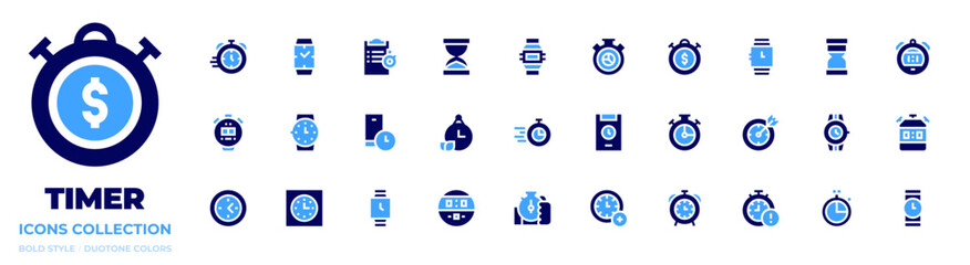 Timer icon collection. Bold style. Duotone colors. deadline, hourglass, chronometer, timeismoney, wristwatch, watch, stopwatch, smartphone, clipboard, intime, time