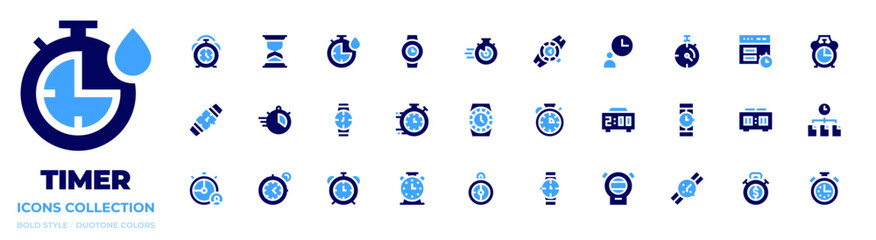 Timer icon collection. Bold style. Duotone colors. time, quickdry, stopwatch, wristwatch, watch, clock, alarm, hourglass, digitalclock, chronometer