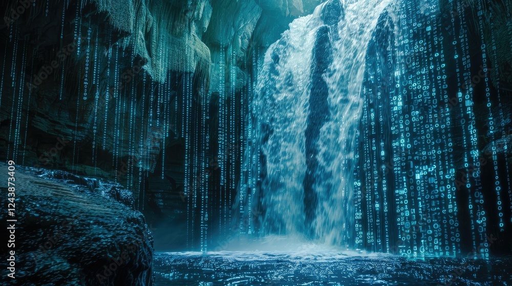 Poster binary code waterfall cascading into a digital abyss