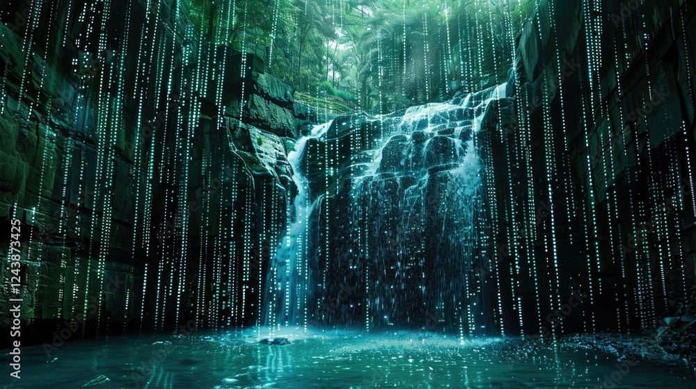 Poster binary code waterfall cascading into a digital abyss