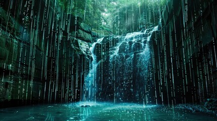 Binary code waterfall cascading into a digital abyss