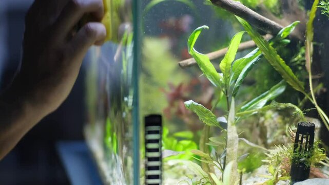 Aquarium service. Cleaning the glass in the aquarium.