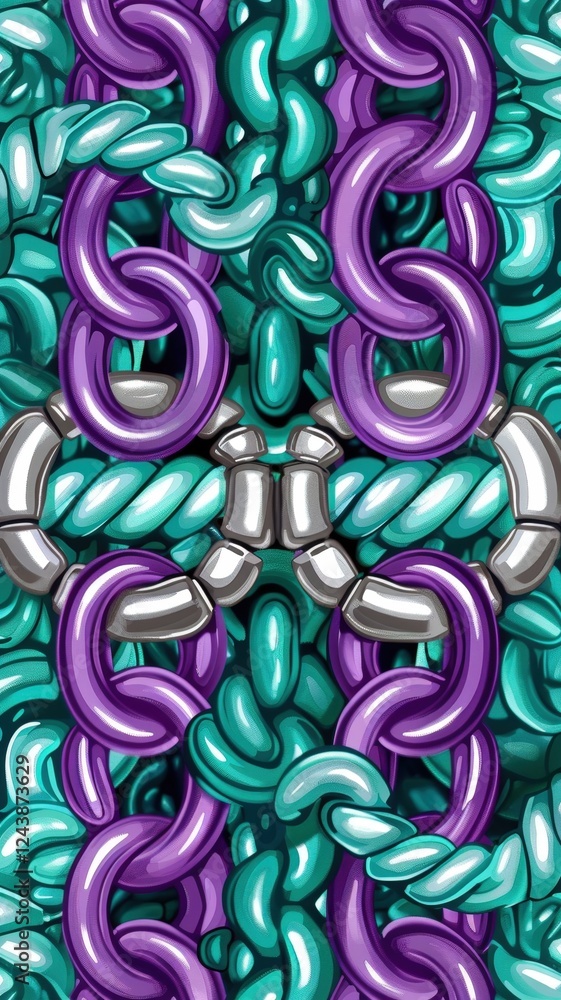 Poster a vibrant pattern of interlocking chains in turquoise, purple, and silver, showcasing a dynamic and 