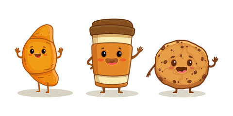 set of cartoon food characters isolated on white. Cup of coffee, croissant and cookie in flat style. Vector illustration
