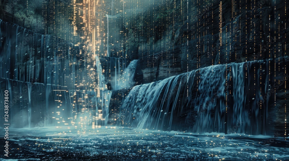 Poster binary code waterfall cascading into a digital abyss