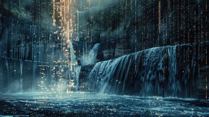 Binary code waterfall cascading into a digital abyss