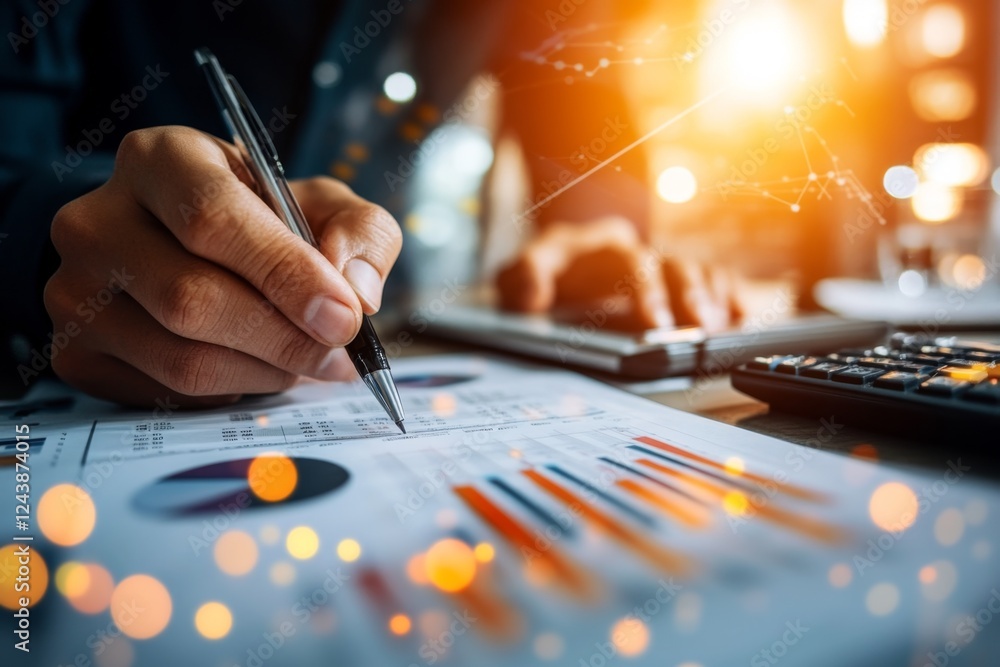 Poster A business professional analyzing distribution costs on a financial report with bar charts and pie graphs