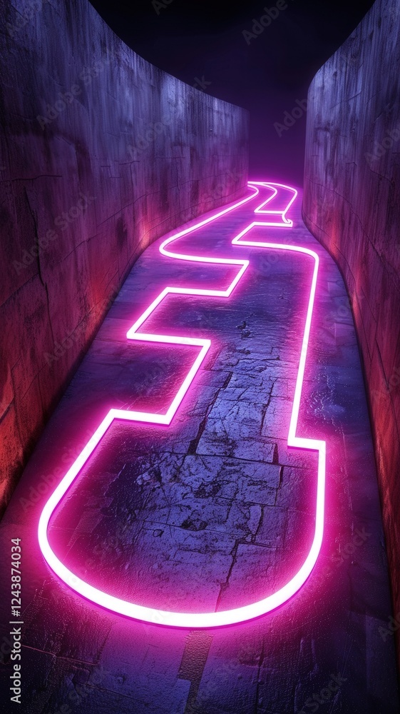 Poster a glowing pink path winds through a dark, narrow corridor, creating an intriguing and mysterious atm
