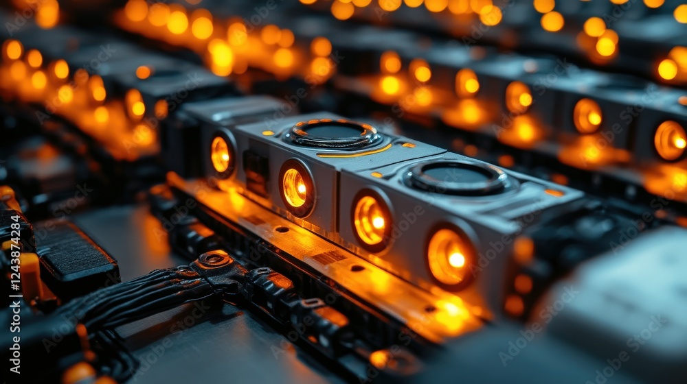 Aufkleber close-up view of illuminated machinery components in a high-tech industrial setting