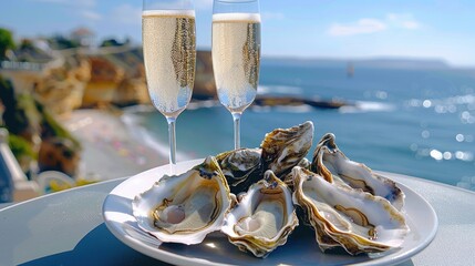 Romantic Luxury lunch of fresh oysters with two glasses of champagne overlooking the sea on a sunny day
