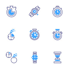 Timer icon set. Bold line style. Duotone colors. Editable stroke. deadline, stopwatch, wristwatch, watch, clock, chronometer, sandtimer