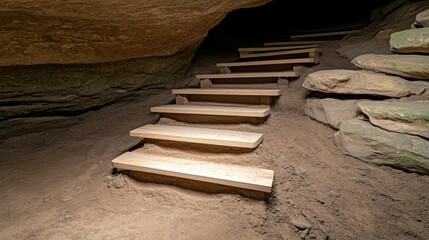 Wooden steps lead through a dark cave passage in a remote location showcasing natural rock formations and sandy terrain