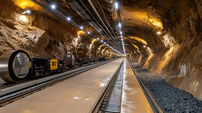 Construction of an underground mining tunnel with stark walls and modern machinery in a well-lit environment