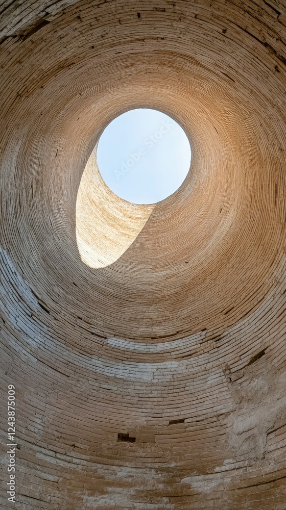 Poster towering structure with a circular opening revealing a bright sky in an ancient architectural site d