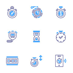Timer icon set. Bold line style. Duotone colors. Editable stroke. sandclock, stopwatch, digitalclock, threequarters, alarm