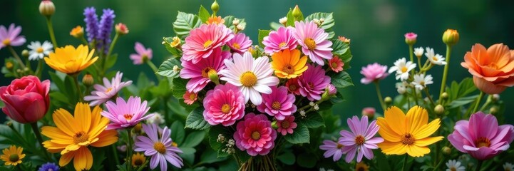Obraz premium Floral bouquet in heart shape amidst lush summer wildflowers, beads, heart shaped, greenery