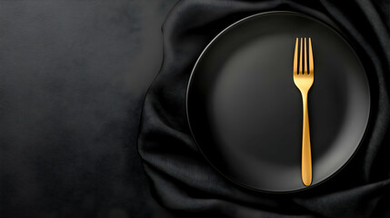 Elegant black plate with a golden fork, perfect for culinary presentations and fine dining setups.