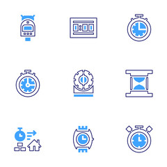 Timer icon set. Bold line style. Duotone colors. Editable stroke. timer, kitchentimer, process, wristwatch, minutes, stopwatch, hourglass