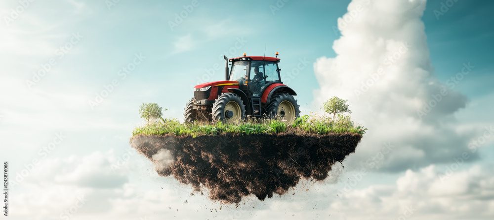 Poster a futuristic tractor equipped with advanced technology floats above a patch of lush green field. it 