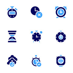 Timer icon set. Bold style. Duotone colors. chronometer, stopwatch, hourglass, time, alarmclock, clock