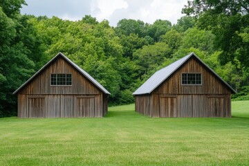 Obraz premium In a beautiful, green landscape filled with lush trees, two charming rustic wooden barns stand side by side beneath a partly cloudy sky