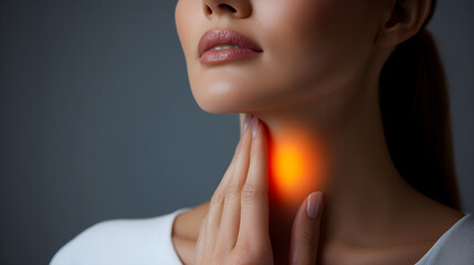 Woman checking her thyroid gland. Throat cancer, symptoms, disease, diagnosis. Sore throat, enlarged goiter, thyroid nodules. Close-up, portrait on dark background with space for text