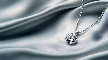 Fototapeta premium Elegant necklace with a sparkling diamond pendant on smooth silk fabric, perfect for luxury jewelry photography.