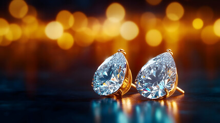 Fototapeta premium Elegant pear-shaped diamond earrings sparkling against a blurred golden background.