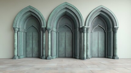 Three ornate arched doorways with columns stand in a room