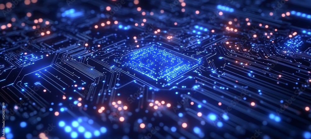 Poster glowing blue circuit board with digital lines and dots on a dark background, vector style