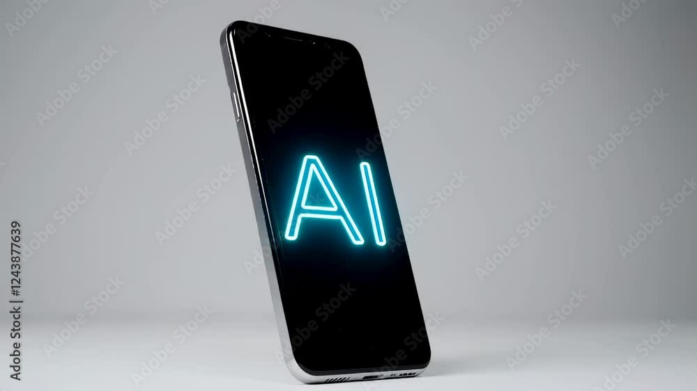 Poster modern smartphone showcasing a glowing ai logo, symbolizing the integration of artificial intelligen