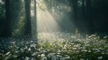 Obraz premium A misty forest clearing with a carpet of wildflowers and soft beams of sunlight breaking through the fog 